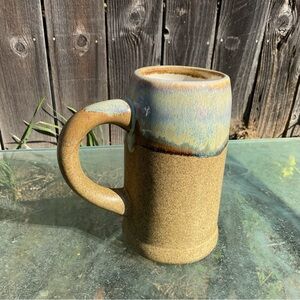 Padilla Signed Ceramic Art Pottery Mug Tan Blue Brown Drip Glaze 24oz